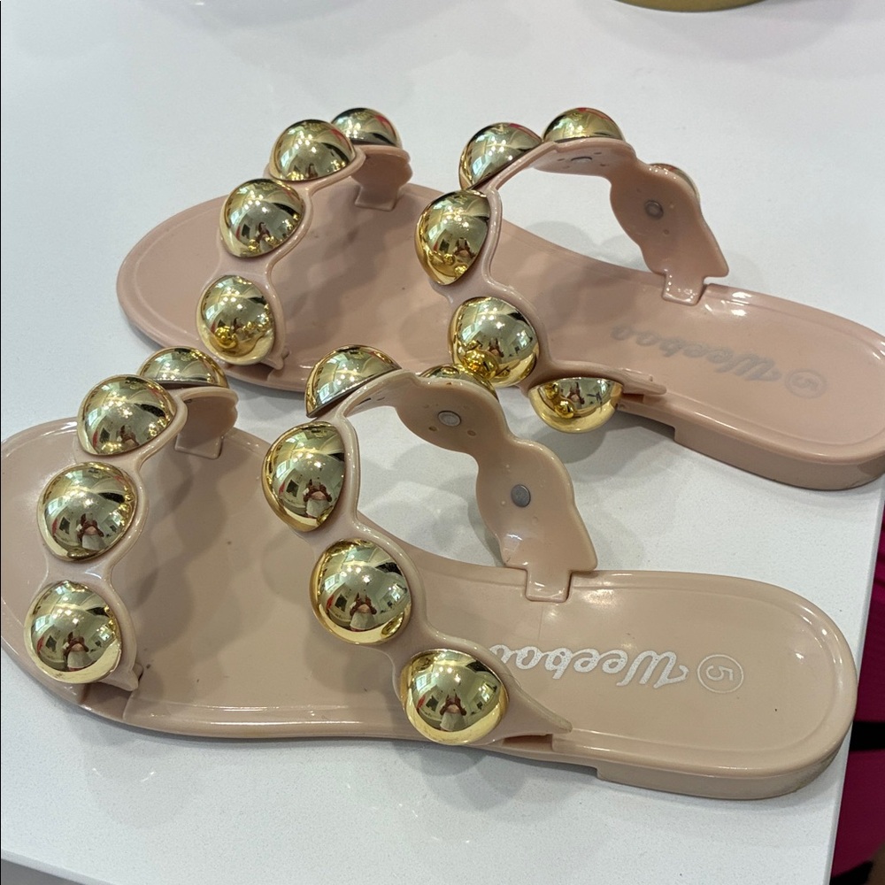 Nude Slide Sandals with Gold Orb Accents